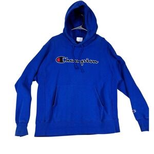 Champion Reverse Weave Hoodie Mens Large Royal Blue‎ Script Logo GF68 Sweatshirt